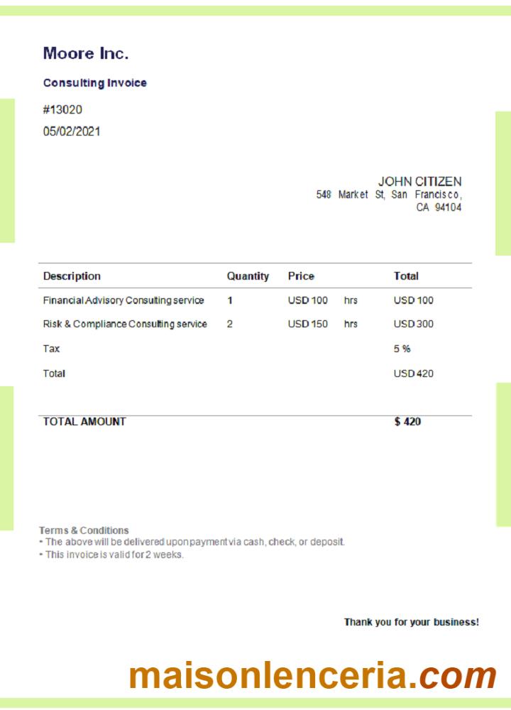 USA Moore Inc. tekst faktury i szablon PDF